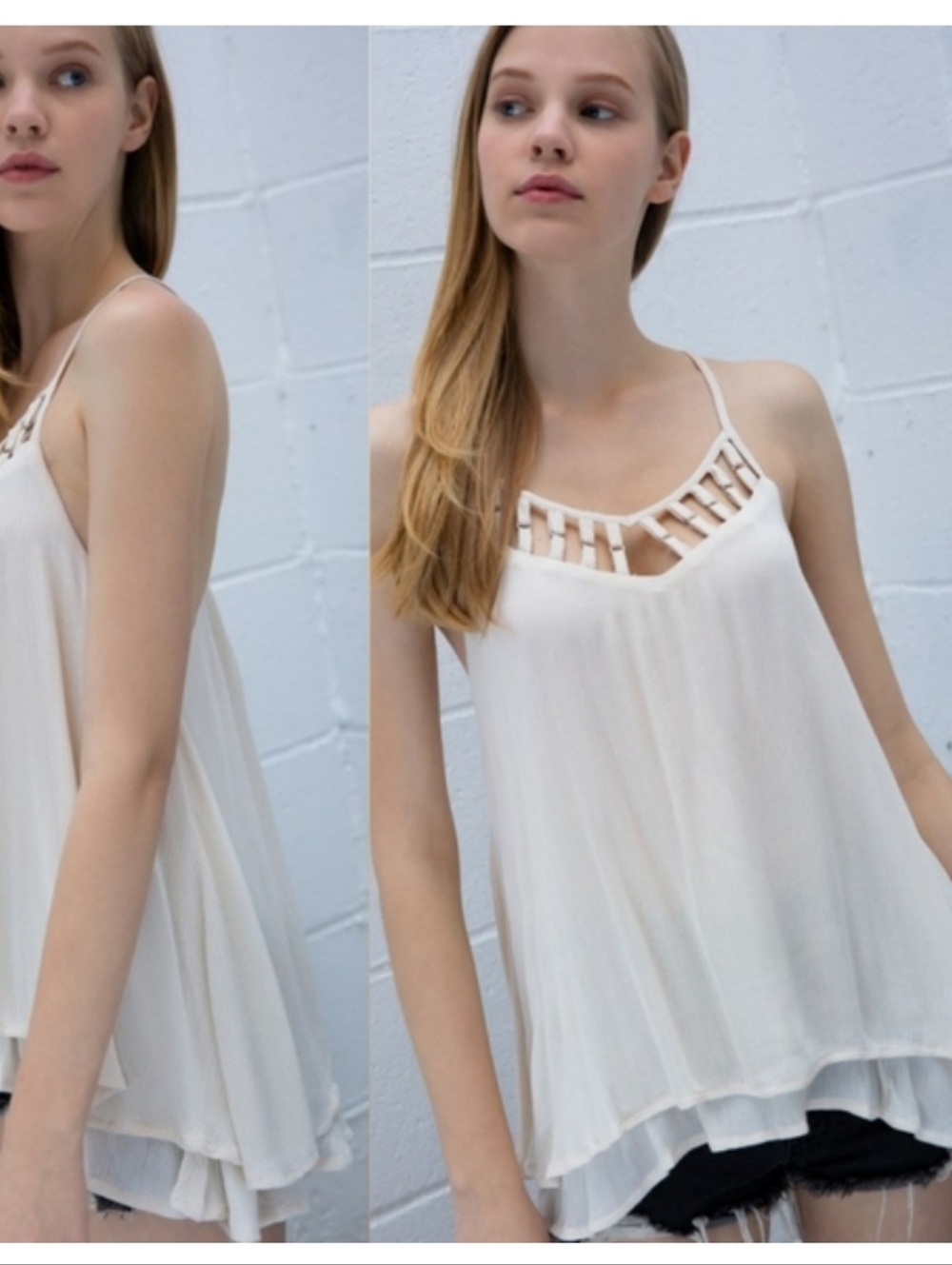 POL Ivory Strappy O- Ring Ladder Front Ruffle-Hem Tunic Tank Top